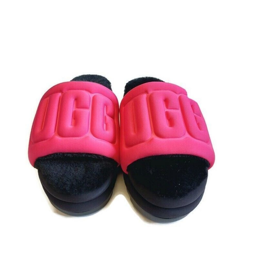 UGG Maxi Graphic RASPBERRY BLACK Platform Slide Sandals Puffy Furry NWOB / NWOT